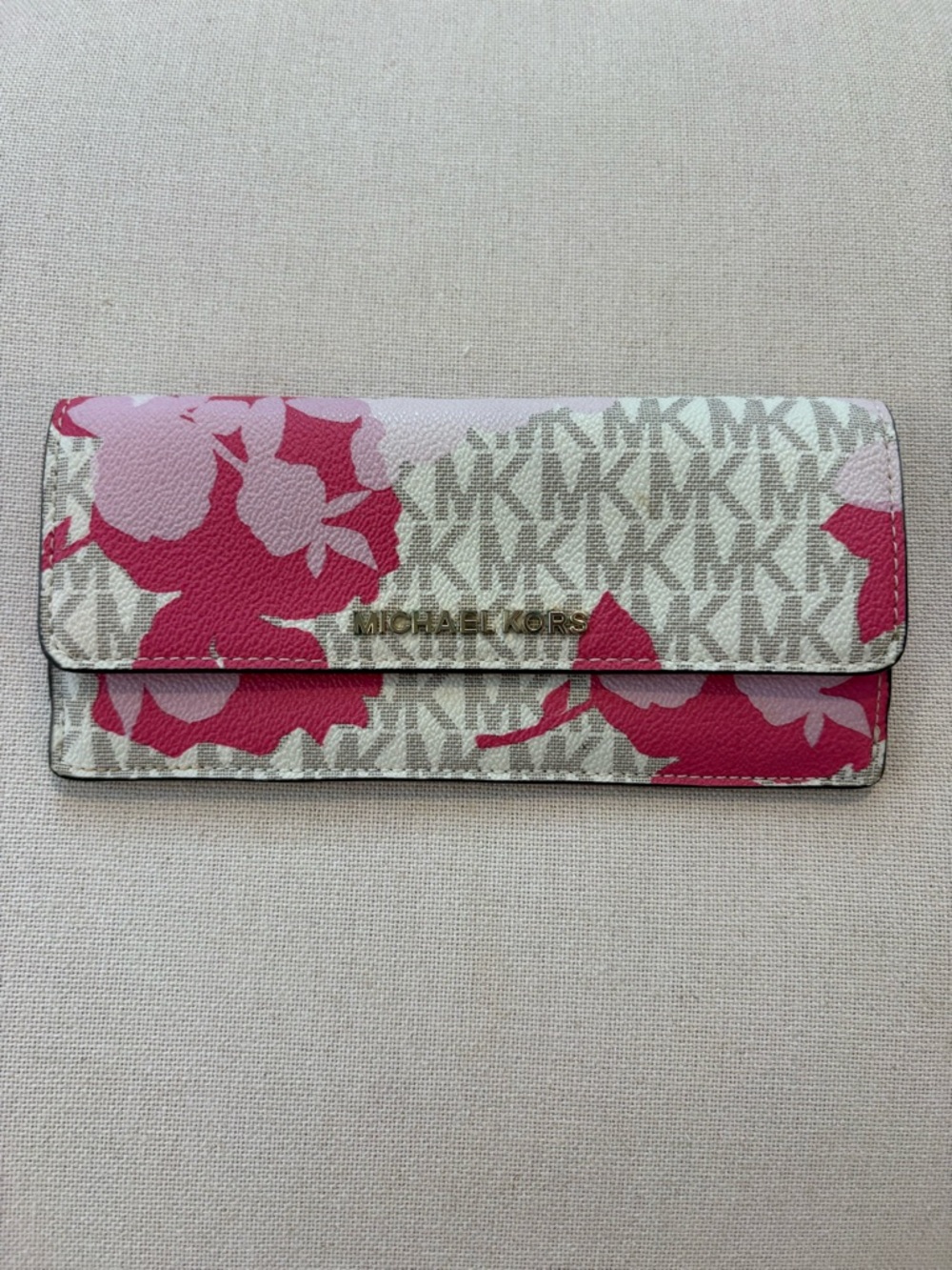 Michael Kors Beige Logo Wallet with Pink Floral Print